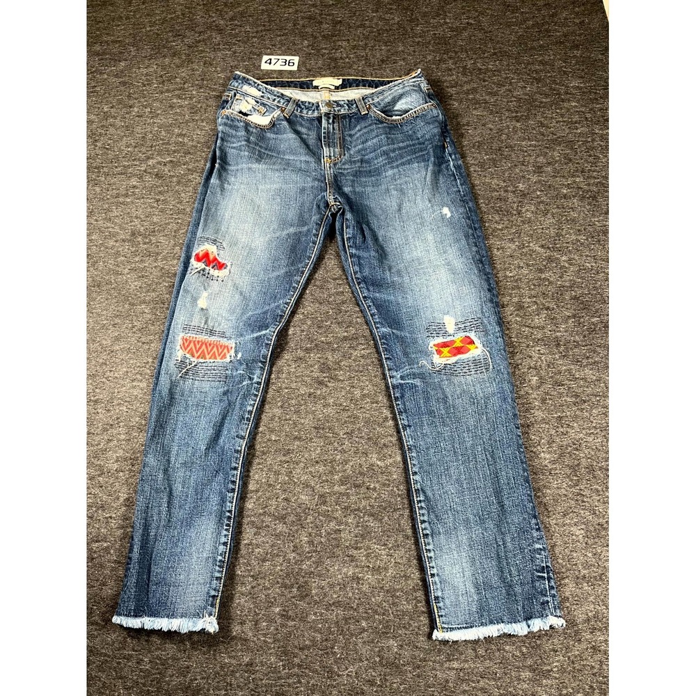 MM Vintage Boyfriend Jeans Womens 28 Blue Distressed Patchwork Frayed Hem Cotton